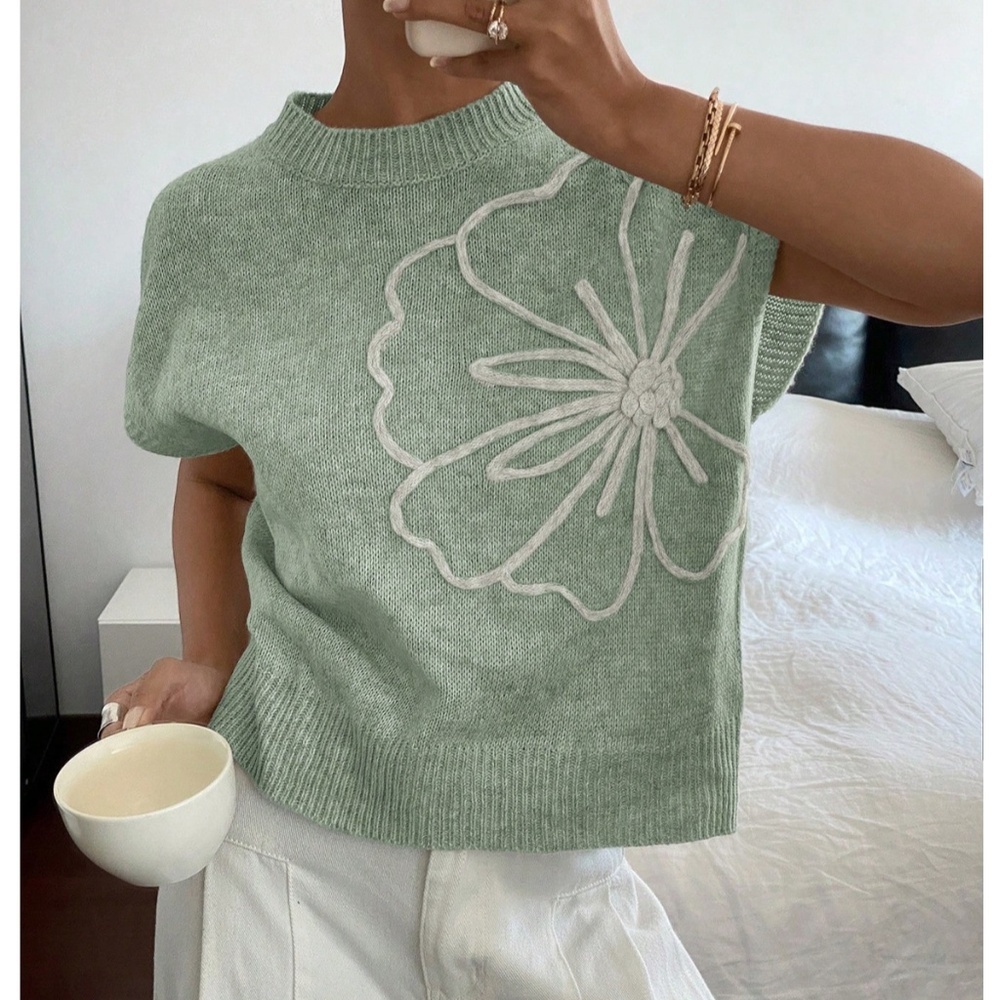Mint Green Knit Muscle Top Textured Floral Appliqué